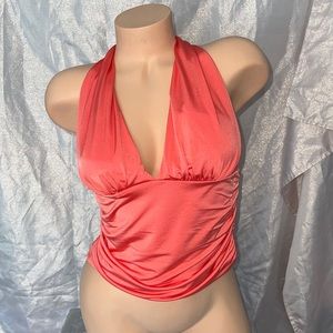 Guess tank sexy blouse orange coral rutched slinky y2k open back cross cross y2k